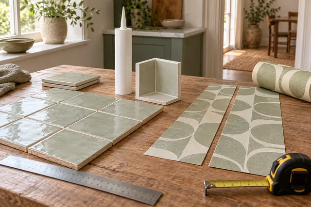 Illustration: Wallpaper pattern, tiled joint samples and sealant on a workbench