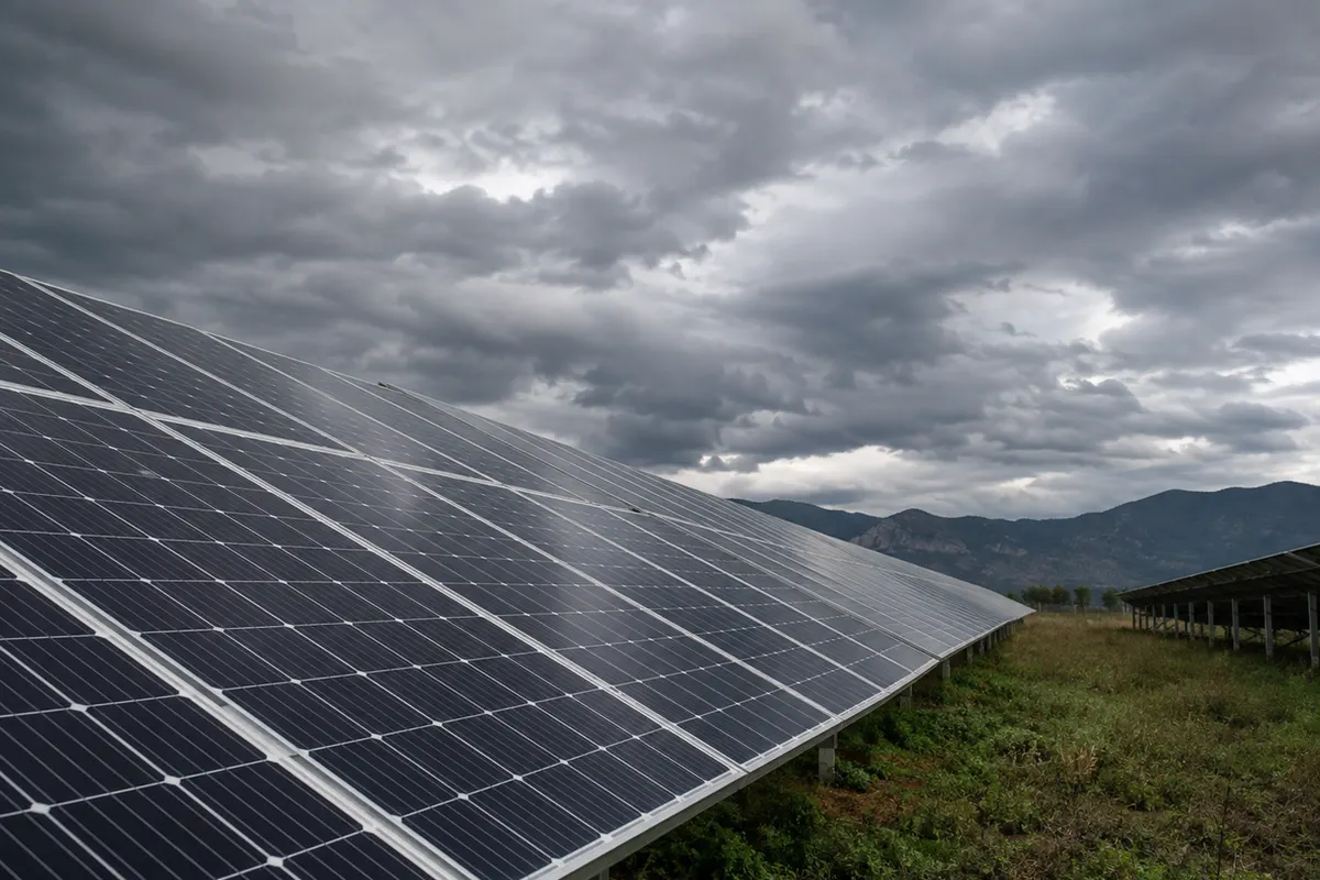 Illustration: Solar panels under clouds