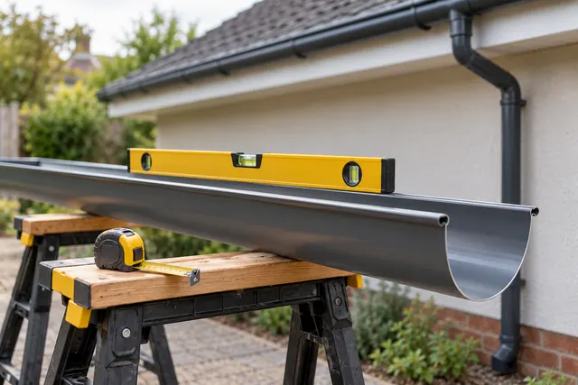 Illustration: Gutter with level and tape measure