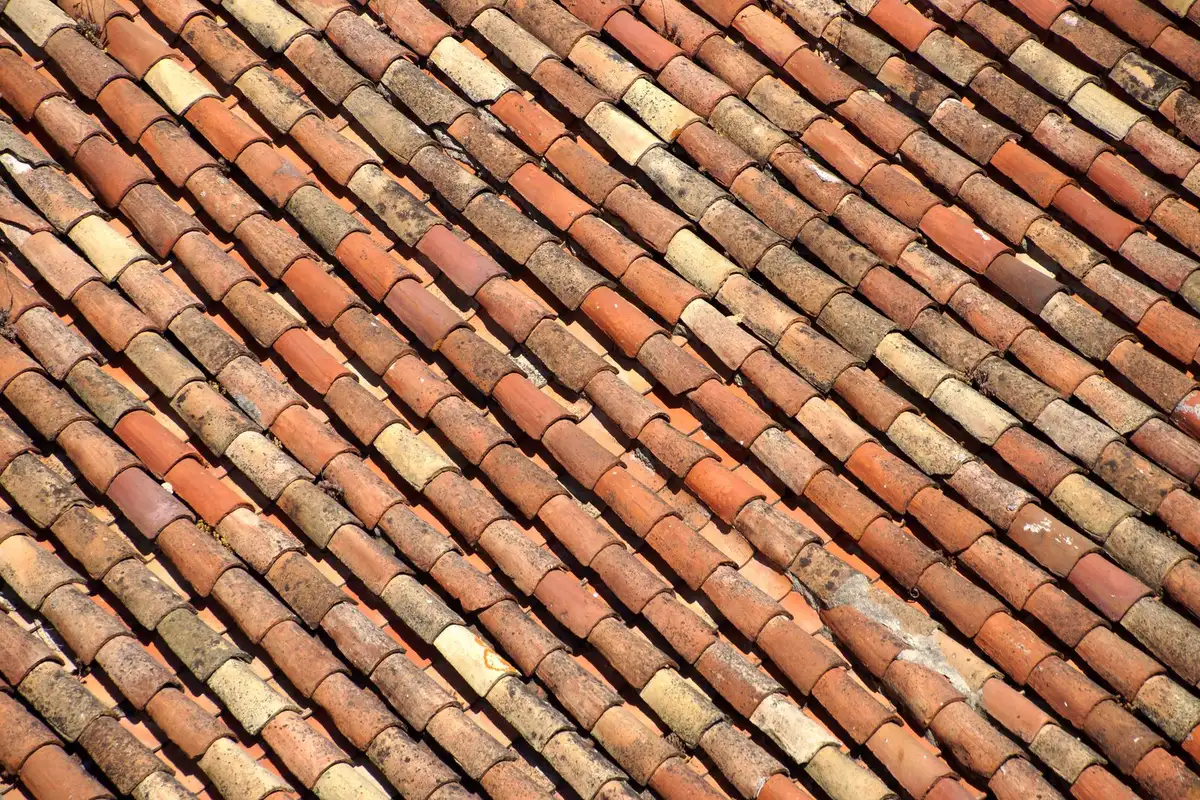 Overlapping clay tiles on a pitched roof