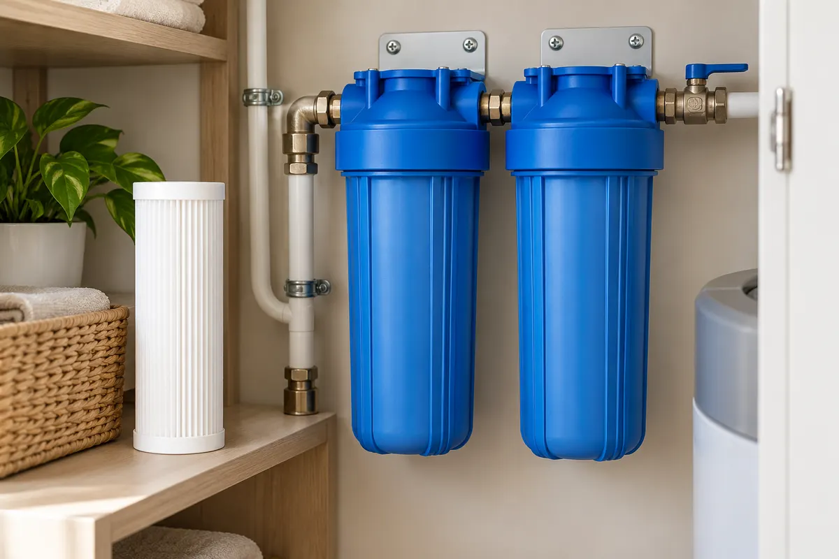 Illustration of domestic cartridge filters and a replacement cartridge