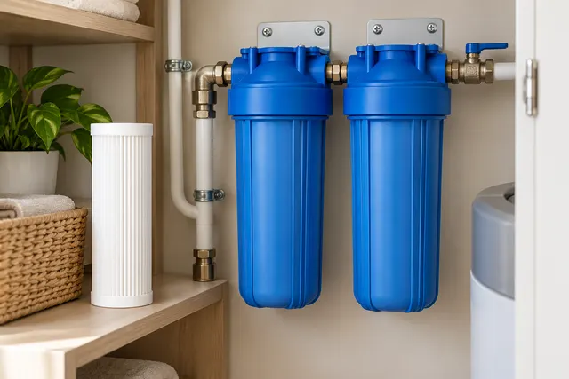 Illustration of domestic cartridge filters and a replacement cartridge