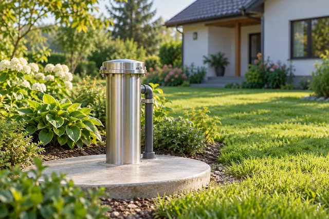 Illustration of a sealed domestic well head in a garden