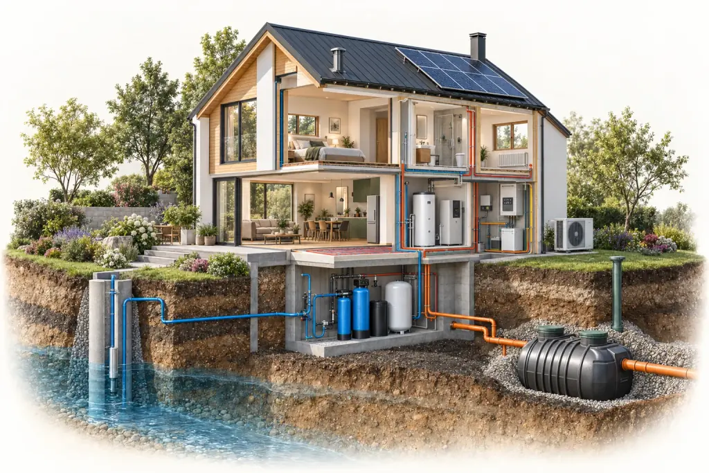 Cutaway house showing insulation, solar energy, water supply, treatment, heating and wastewater systems.
