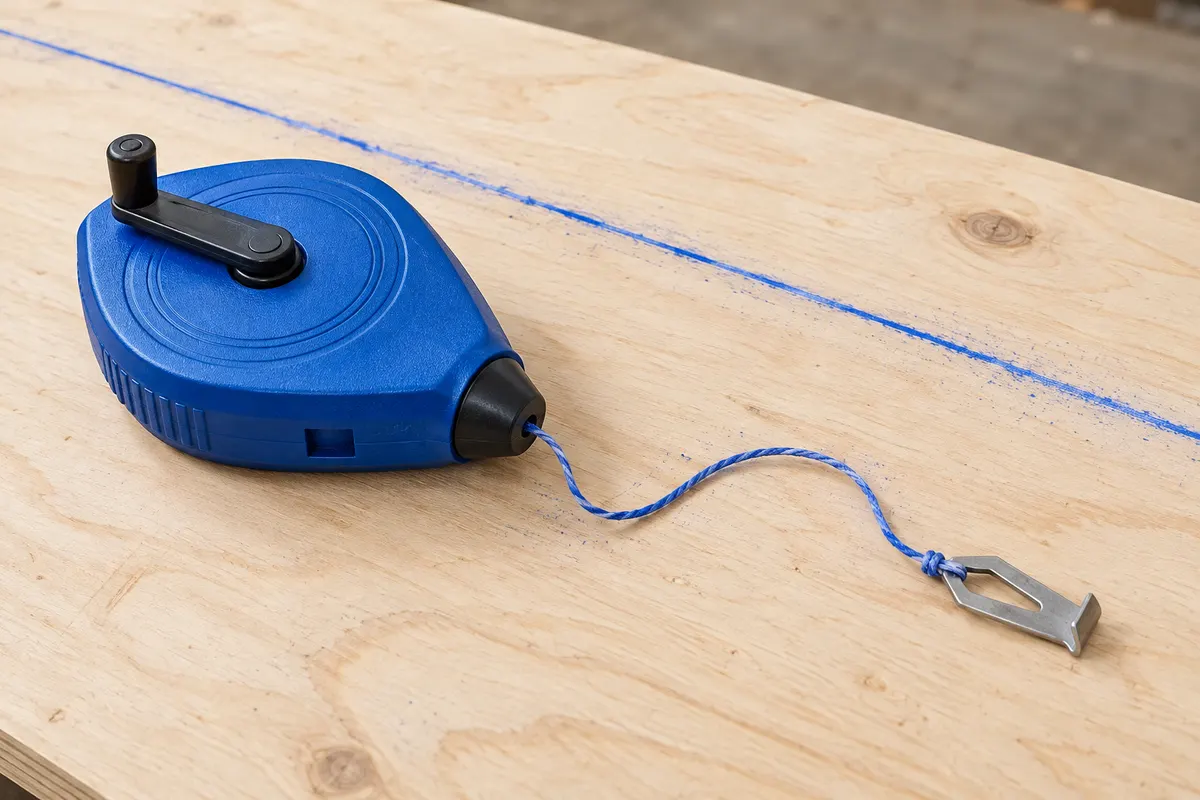 AI illustration of a chalk reel and blue mark on plywood