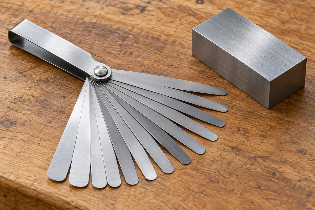 AI illustration of a steel feeler gauge set fanned out on a wooden bench beside a metal block