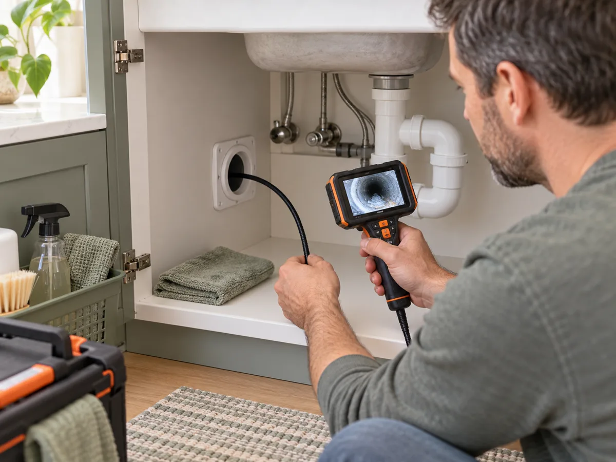 Inspection camera examining a service opening beneath a sink